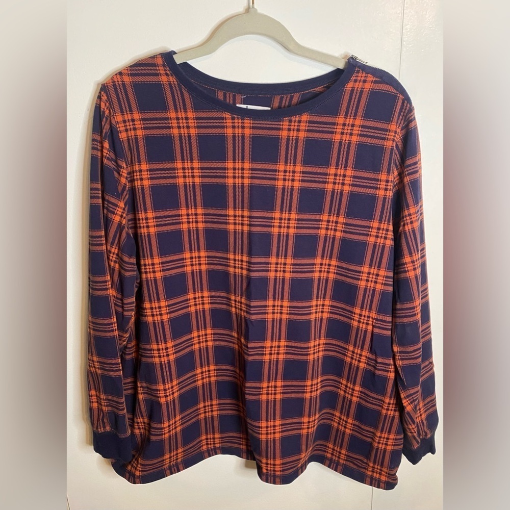 Women’s Denim & Co Blue and Orange Plaid Crewneck Top Shoulder Zipper accent XL